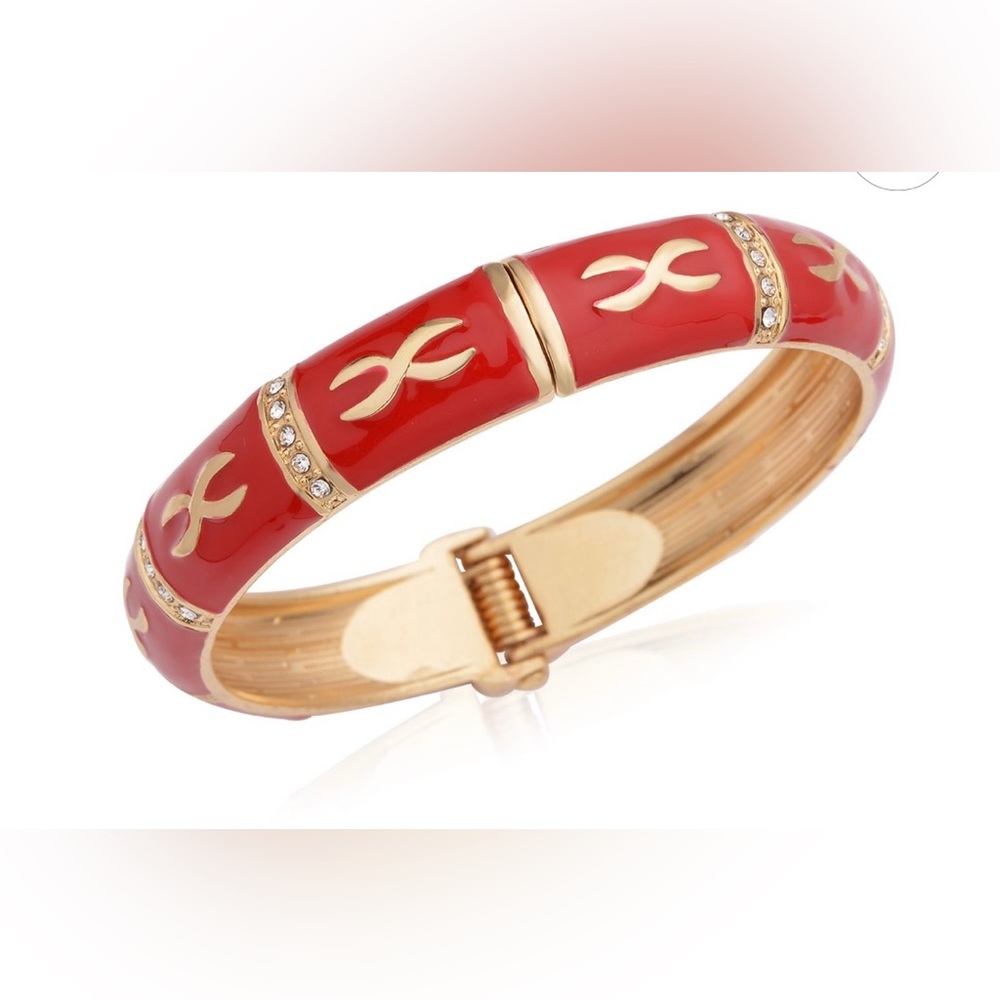 Red Enamel Bangle Bracelet 7.25” in Goldtone